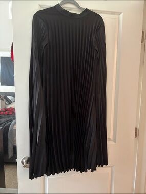 Black Pleated midi Dress with attached cape